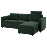 Dark green VIMLE sectional sofa with chaise and headrest.
