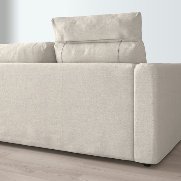 Neutral-toned VIMLE sofa with adjustable headrest, soft cushions, and concealed storage.