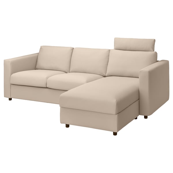 VIMLE sofia: cream fabric, l-shaped sectional sofa with storage, headrest, and removable cover.