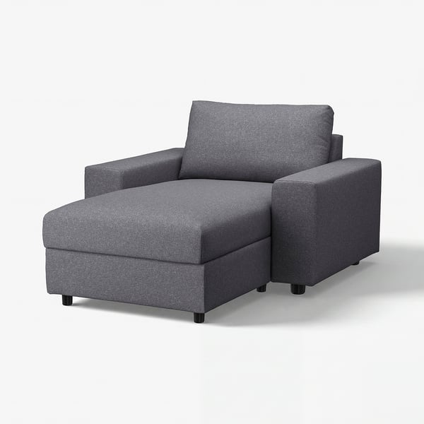 VIMLE grey sofa with storage chaise. Modern, minimalist design. Soft, removable fabric cover.