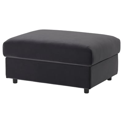 VIMLE dark grey footstool, square-shaped, cushioned, with black legs.