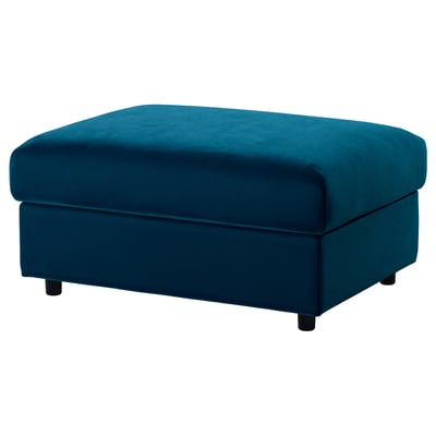 VIMLE blue velvet ottoman, square shape with storage, dark wooden legs.
