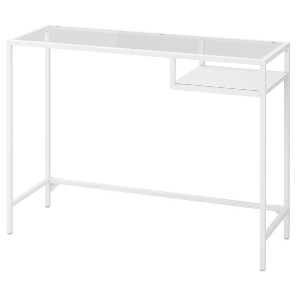 VITTSJÖ glass laptop table, white. Slim and modern with metal frame, tempered glass top, and inside shelf.