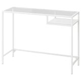 VITTSJÖ glass laptop table, white. Slim and modern with metal frame, tempered glass top, and inside shelf.
