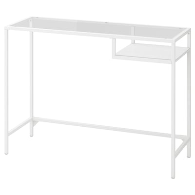 VITTSJÖ glass laptop table, white. Slim and modern with metal frame, tempered glass top, and inside shelf.