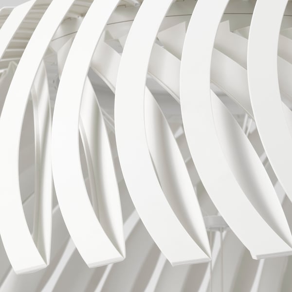 Modern white pendant lamp with adjustable, curved shades. Elegant and minimalist design.