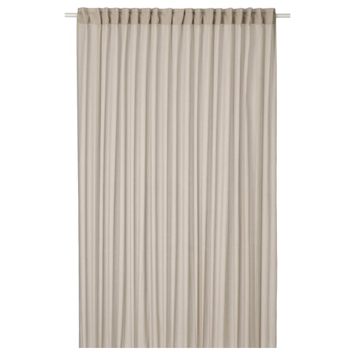 Rideau transparent ÄNGSFRYLE beige avec dessus froncé, fabriqué à partir de polyester recyclé, permettant la lumière et l’intimité.