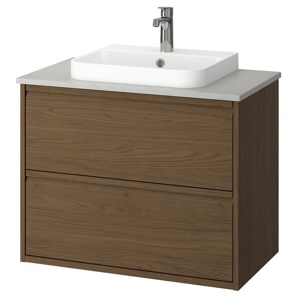 Vanité de salle de bain moderne, bois brun clair, lavabo blanc, mural, design minimaliste.
