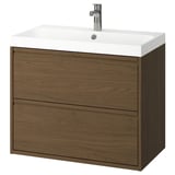 Vanité moderne en bois brun avec deux tiroirs et un évier blanc. Design minimaliste, mural.