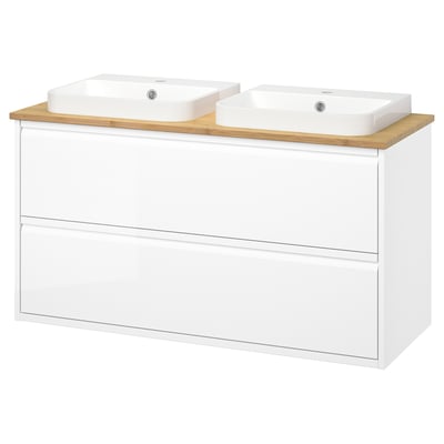 ÄNGSJÖN / BACKSJÖN Meuble lavabo avec tiroirs/vasque, brillant blanc/bambou, 122x49x71 cm