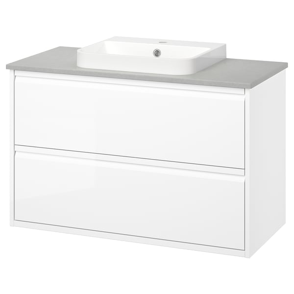 ÄNGSJÖN / BACKSJÖN Meuble lavabo avec tiroirs/vasque, brillant blanc/gris motif pierre, 102x49x71 cm