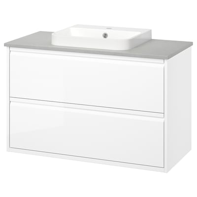 ÄNGSJÖN / BACKSJÖN Meuble lavabo avec tiroirs/vasque, brillant blanc/gris motif pierre, 102x49x71 cm