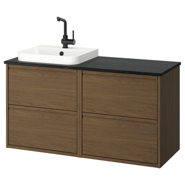 Vanité de salle de bain moderne, chêne brun, lavabo carré blanc, comptoir noir, poignées minimalistes.