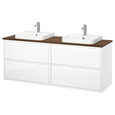 ÄNGSJÖN : meuble-lavabo mural double blanc avec dessus en bois, deux éviers carrés, robinetterie chromée.