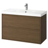 Vanité de salle de bain murale moderne en bois brun avec des tiroirs élégants et un lavabo en céramique blanche.
