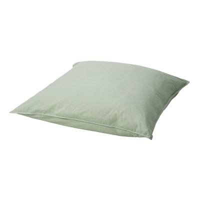 Une taie d’oreiller vert clair, carrée, en coton recyclé, avec un design simple et doux.