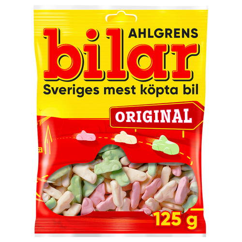 Sac à bonbons AHLGRENS BILAR orné de bonbons colorés en forme de poisson.
