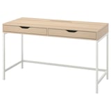 Bureau ALEX : bois clair, pieds en métal blanc, deux tiroirs, forme rectangulaire, design minimaliste épuré.