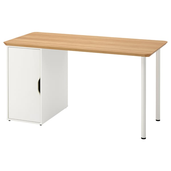 Bureau Anfallaere : plateau en bois clair, rangement blanc, quatre pieds.