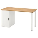 Bureau Anfallaere : plateau en bois clair, rangement blanc, quatre pieds.