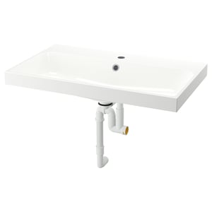 Cette image montre un lavabo BACKSJÖN rectangulaire blanc aux bords lisses et au design minimaliste, doté d’un drain et d’un trou pour le robinet.