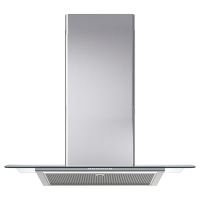 Une hotte de cuisine en acier inoxydable BALANSERAD avec un bord en verre élégant, une lumière LED et un panneau de commande à l’avant.