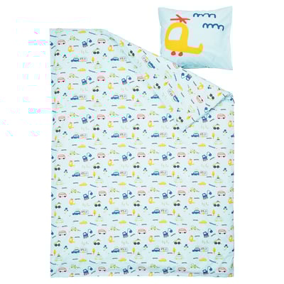Un coussin pour enfants BARNDRÖM en bleu avec un motif de monstre jaune et divers imprimés de jouets. Il est de forme carrée, fabriqué à partir de 100 % coton.