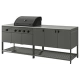 Ensemble de cuisine extérieure BÅTSKÄR design élégant en métal gris avec plusieurs brûleurs, armoires et comptoir.
