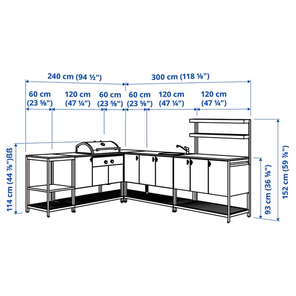 BÅTSKÄR Cuisine ext barbecue charbon+meuble, gris foncé, 240x300 cm