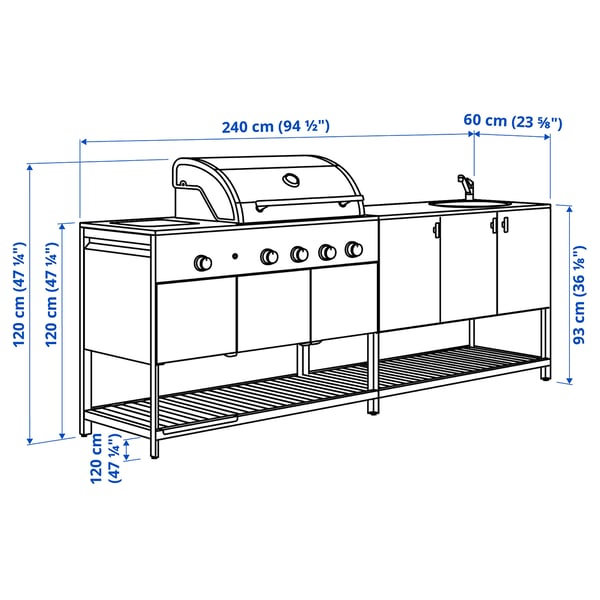 BÅTSKÄR Cuisine ext barbecue gaz+meuble évi, gris foncé, 240x60 cm