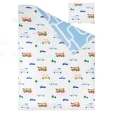 BERGFINK : couette et oreiller blancs pour enfants avec des routes, des voitures, des camions bleus. Coton doux, fermeture à glissière.