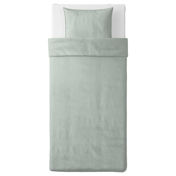 Parure de lit BERGPALM en vert tendre, 100 % coton avec rayures teintes en fil, rectangulaire avec fermeture à boutons.