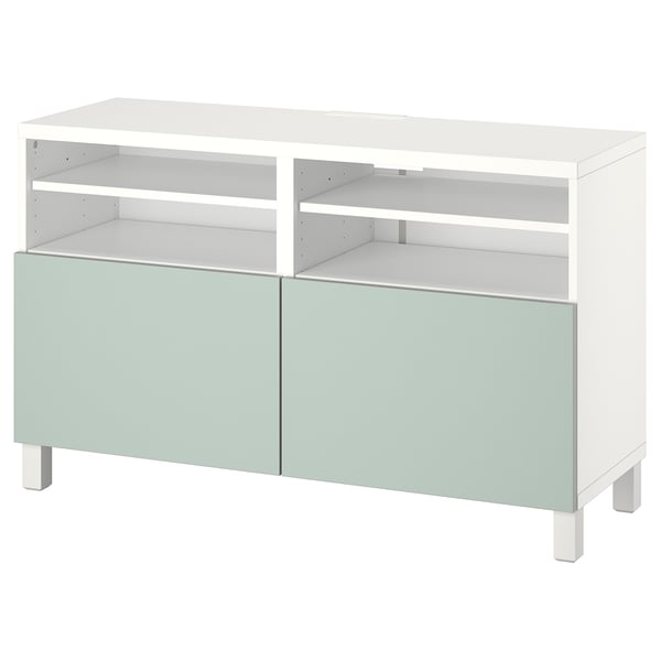 Meuble TV blanc avec tiroirs inférieurs verts, design minimaliste, étagères réglables, élégant et moderne.