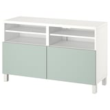 Meuble TV blanc avec tiroirs inférieurs verts, design minimaliste, étagères réglables, élégant et moderne.