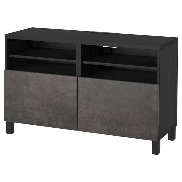 Banc tv ikea BESTÅ noir avec texture béton, 2 portes, étagères ouvertes.