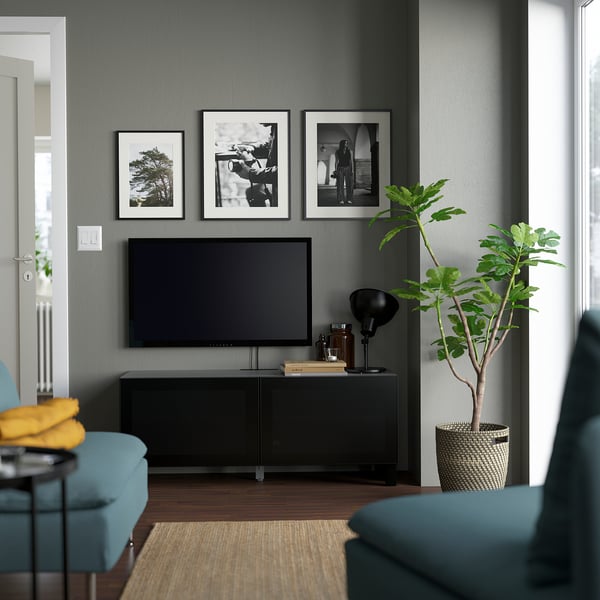 Salon moderne avec banc TV BESTÅ, étagères réglables, télévision à écran plat et plante. Meubles bleus, photos encadrées et tapis.