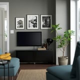 Salon moderne avec banc TV BESTÅ, étagères réglables, télévision à écran plat et plante. Meubles bleus, photos encadrées et tapis.