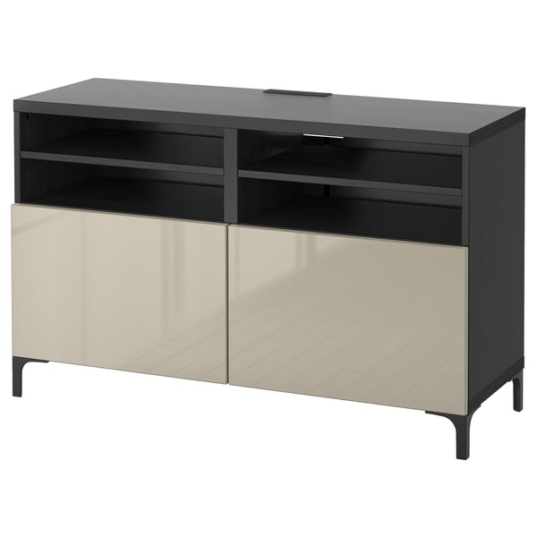 Meuble TV BESTÅ noir avec portes beiges.