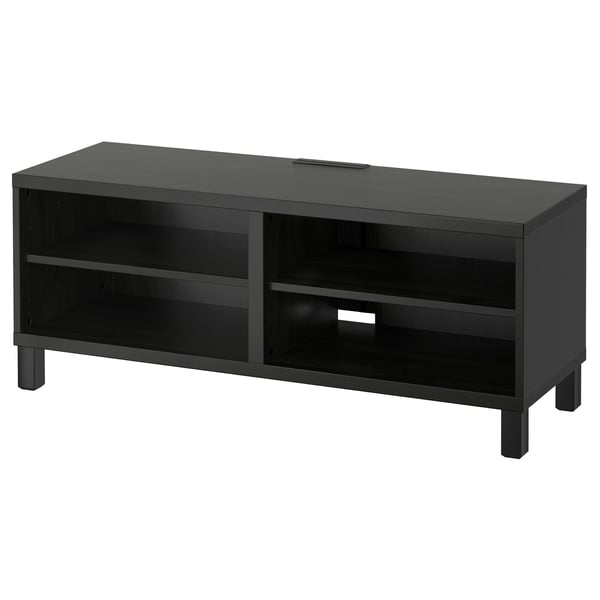 Meuble tv BESTÅ noir, forme rectangulaire avec 2 étagères ouvertes, étagères réglables, gestion des câbles, design élégant.