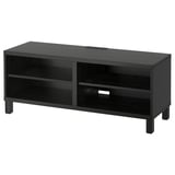 Meuble tv BESTÅ noir, forme rectangulaire avec 2 étagères ouvertes, étagères réglables, gestion des câbles, design élégant.