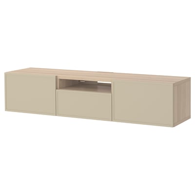 Un banc tv BESTÅ beige. Son design minimaliste avec des tiroirs pour le rangement.
