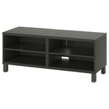 Banc TV Ikea BESTÅ, gris foncé, rectangulaire, avec étagères réglables et sorties de câbles.