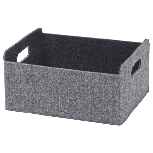 Une boîte de rangement en feutre gris avec poignées, idéale pour organiser et protéger les objets.