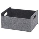 Une boîte de rangement en feutre gris avec poignées, idéale pour organiser et protéger les objets.
