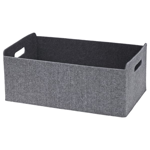 Boîte de rangement BESTÅ grise, rectangulaire, en feutre avec poignées.