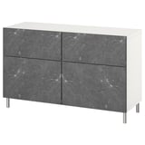 Buffet BESTÅ, blanc avec portes en marbre gris, deux étagères, deux tiroirs.