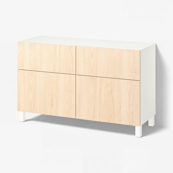 BESTÅ Combi rangement portes/tiroirs, blanc/Fänrik/Stubbarp frêne, 120x42x74 cm