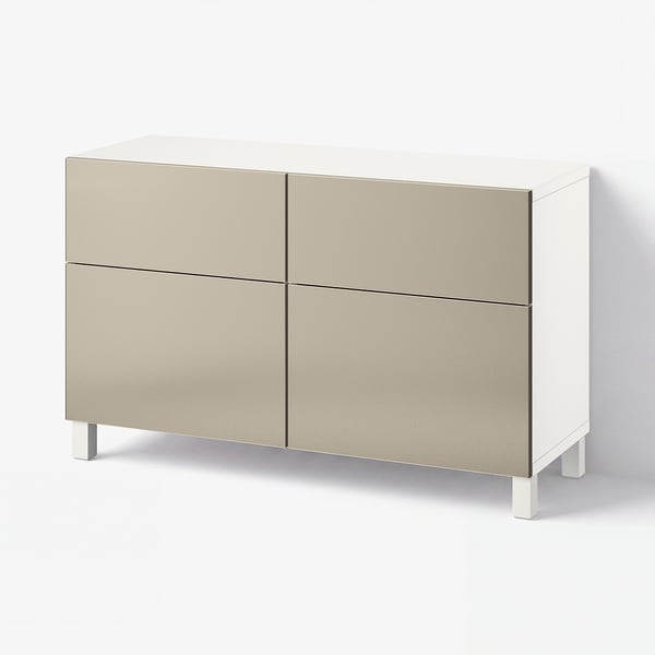 BESTÅ Combi rangement portes/tiroirs, blanc/Riksviken/Stubbarp effet bronze clair, 120x42x74 cm