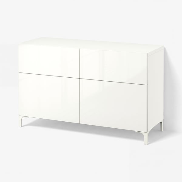 BESTÅ Combi rangement portes/tiroirs, blanc/Selsviken brillant/blanc, 120x42x74 cm