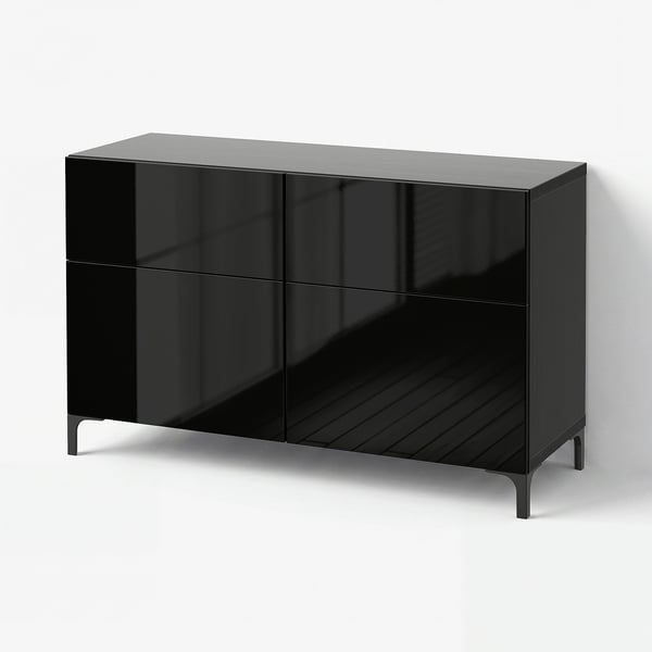 BESTÅ Combi rangement portes/tiroirs, brun noir/Selsviken brillant/noir, 120x42x74 cm